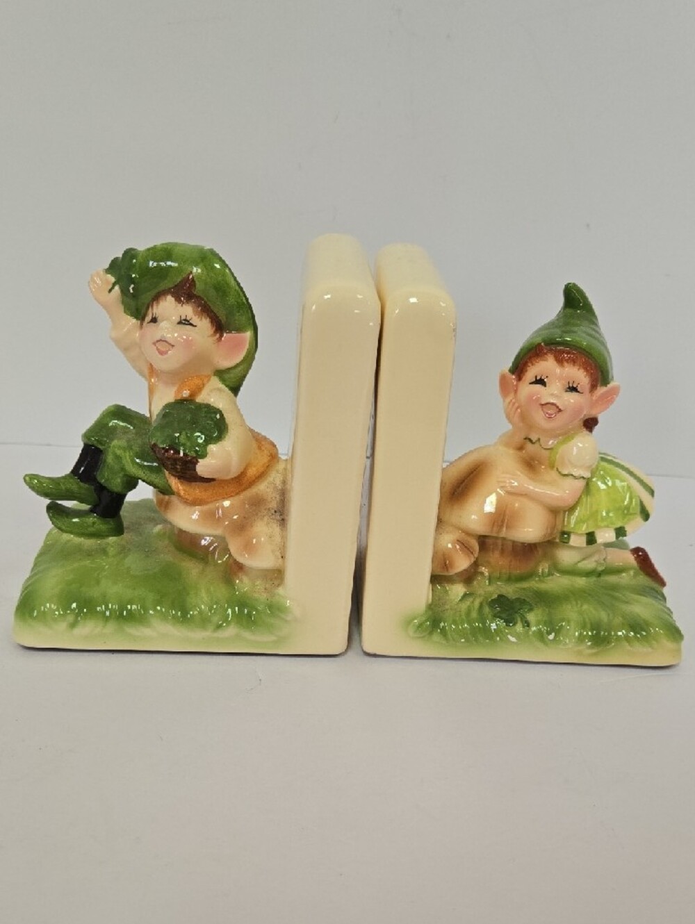 Vintage Ceramic Elf Pair Bookends in Green and Cream